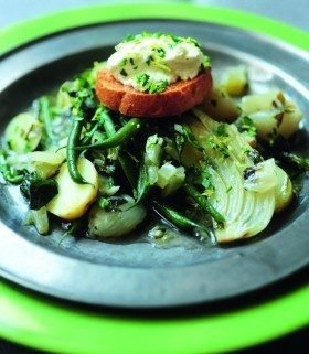 Slow-braised spring vegetables with goat's curd, bruschetta and gremolata