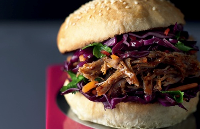 Slow-cooked Asian pulled pork with ginger, five spice and soy and spicy slaw