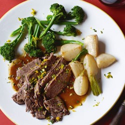 Slow-cooked beef brisket with glazed turnips