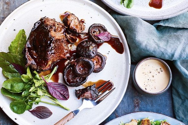 Slow-cooked beef cheeks with shiitake mushrooms