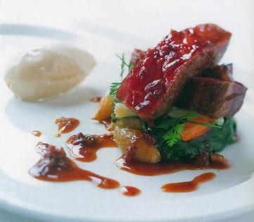 Slow cooked beef, rib meat and onion ice cream