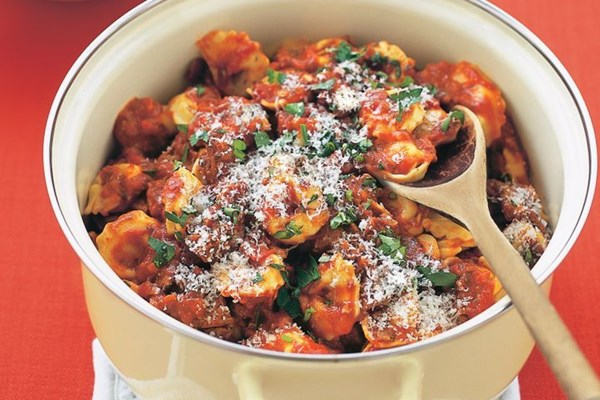 Slow-cooked beef with tortellini