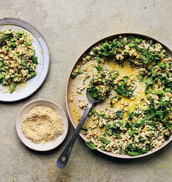 Slow-cooked broad bean fregola w/ lemon zest, nut Parmesan