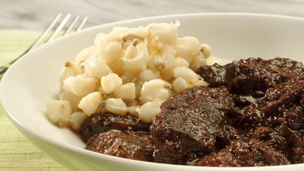 Slow-cooked carne adovada with hominy