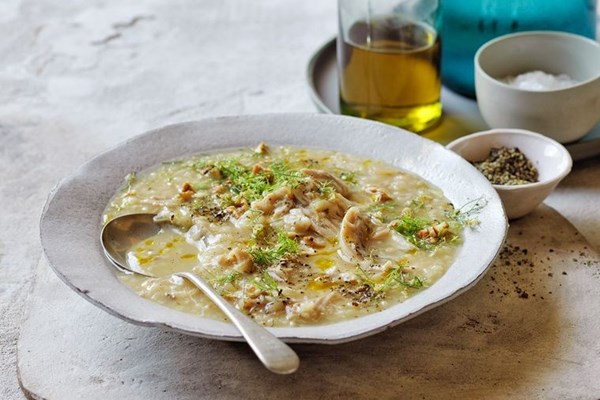 Slow-cooked chicken, fennel & rice soup