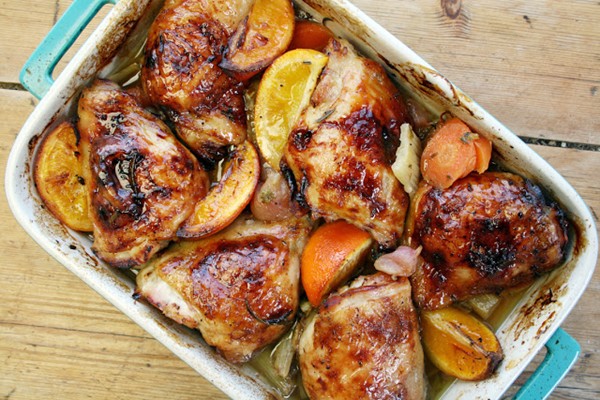 Slow-cooked chicken thighs with orange, radish and honey