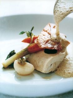 Slow-cooked chicken with smoked mussel and brown bread sauce