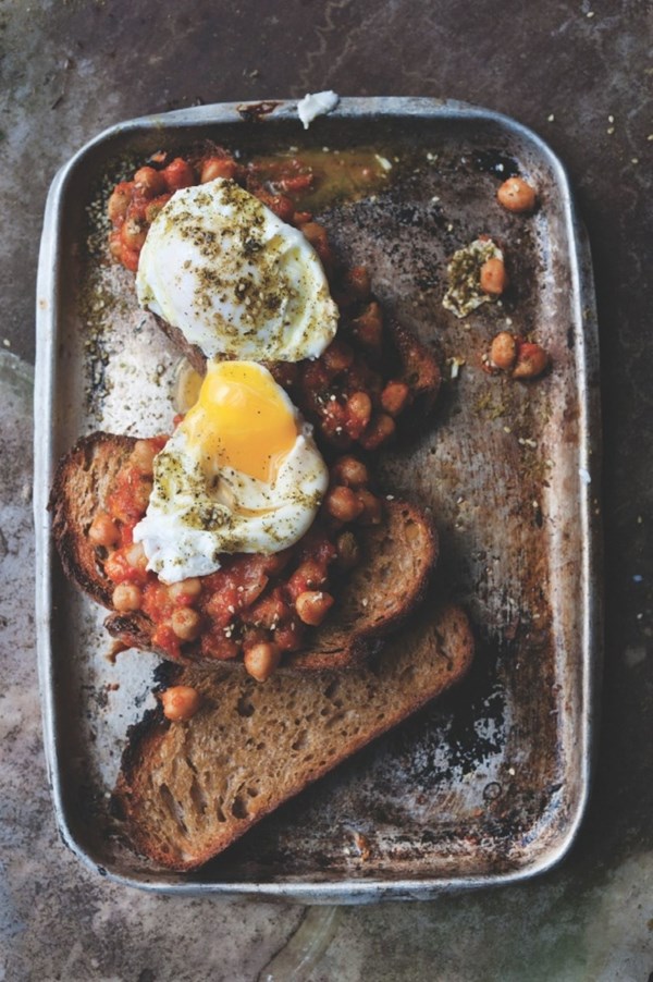 Slow-cooked chickpeas on toast with poached egg