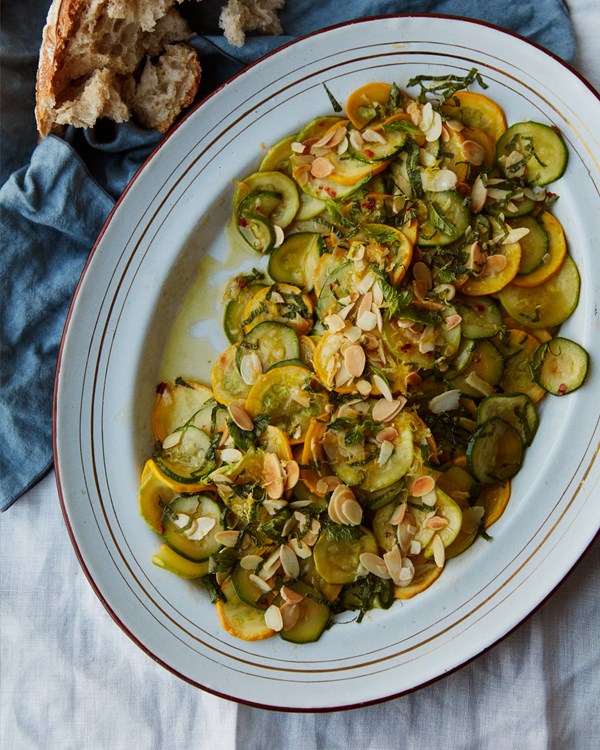 Slow-cooked courgettes with mint, chilli and almonds (Zucchine con menta e mandorle)