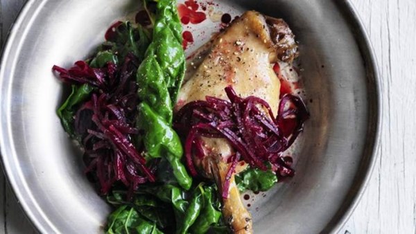 Slow cooked duck legs with beetroot relish