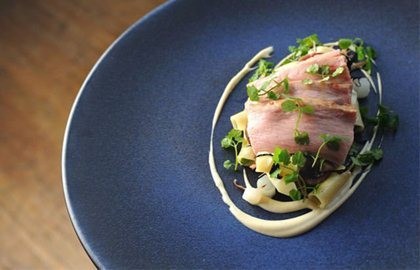 Slow cooked fillet of veal, pine nut purée, white asparagus and Parmesan macaroni