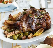 Slow-cooked Greek lamb with lemons, olives & bay