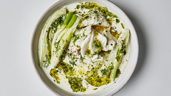 Slow-cooked halibut with garlic cream and fennel