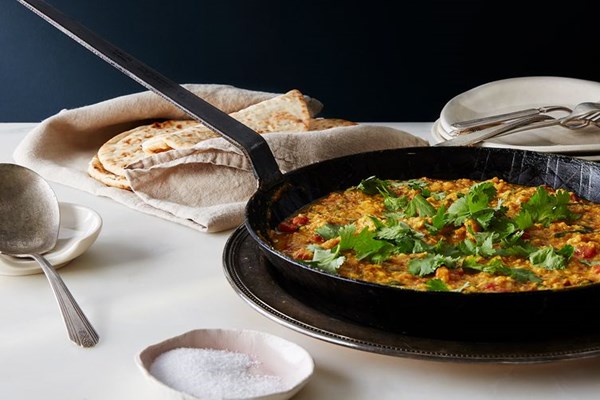 Slow-cooked, Indian-inspired scrambled eggs (Scambled eggs patia)
