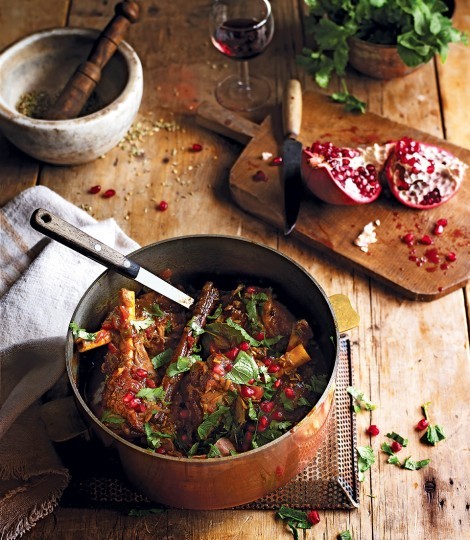 Slow-cooked Indian spiced shanks with pomegranate and herbs