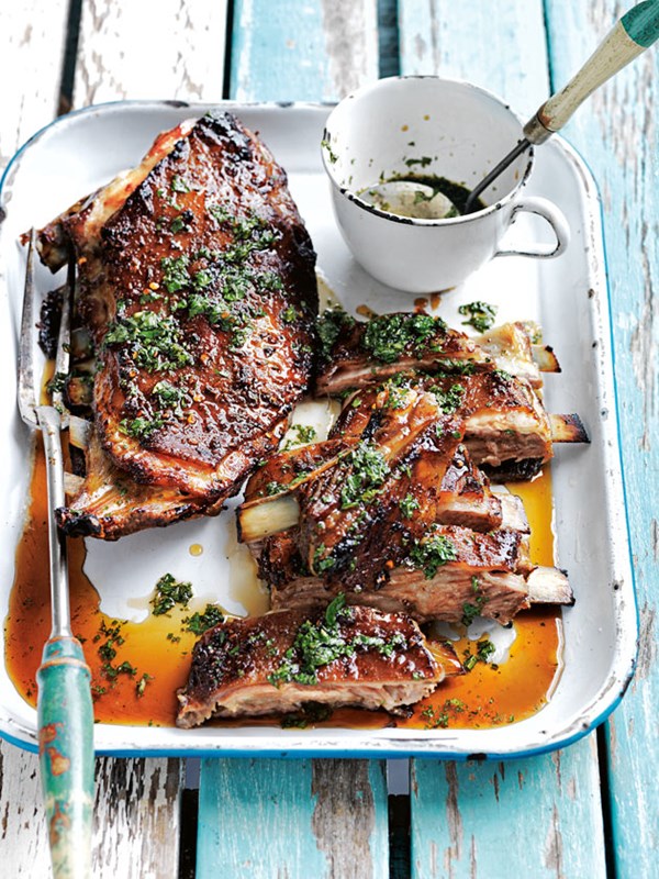 Slow-cooked lamb ribs with mint and malt vinegar relish