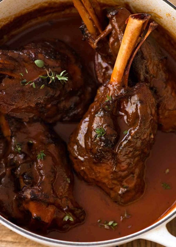 Slow cooked lamb shanks in red wine sauce