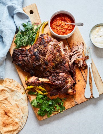 Slow-cooked lamb shawarma with pickled chilli harissa
