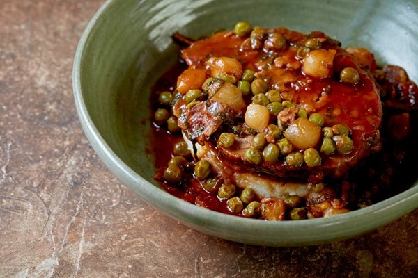 Slow-cooked lamb shoulder with petit pois à la Française and minted mustard mash