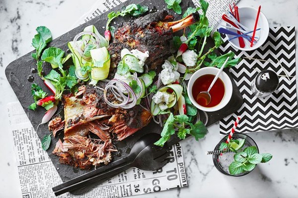 Slow-cooked lamb shoulder with zucchini & feta salad