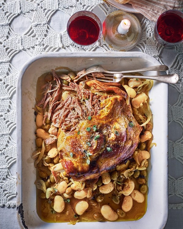 Slow-cooked lamb shoulder with fino sherry, oregano and green olives 