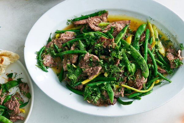 Slow-cooked lamb shoulder with green beans