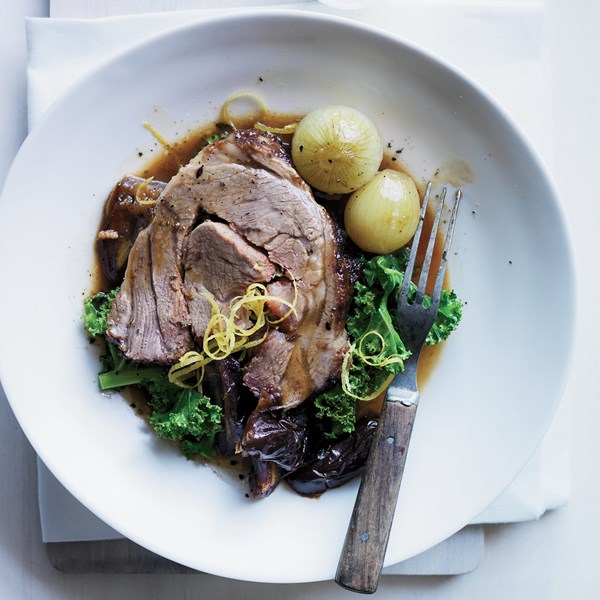 Slow-cooked lamb with cipollini, dates, kale & almonds [Thomas Keller]