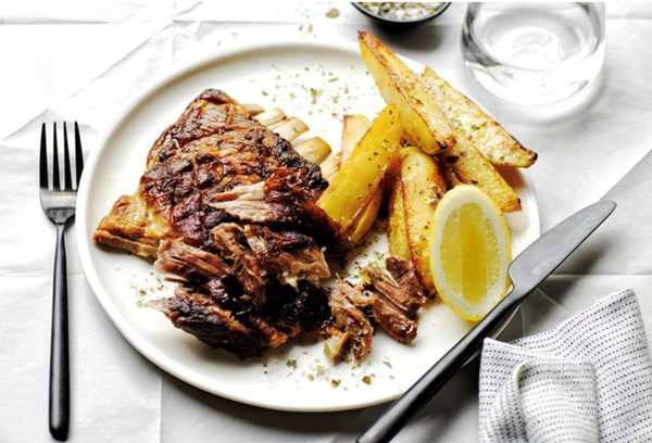 Slow-cooked lamb with lemon potatoes