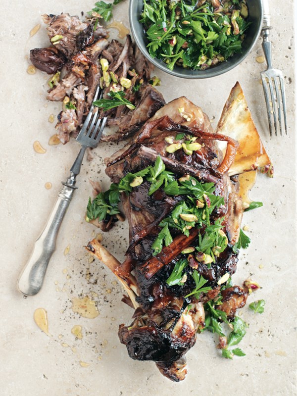 Slow-cooked lamb with pistachio honey dressing