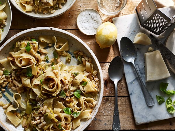 Slow-cooked leek pappardelle with crispy white beans and lemon