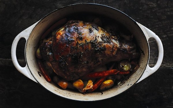 Slow-cooked leg of lamb with sherry and autumn vegetables