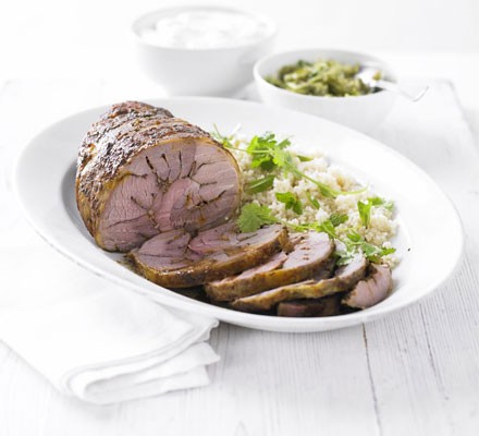 Slow-cooked leg of lamb with kofta spices, pickled cucumber and peppered yoghurt