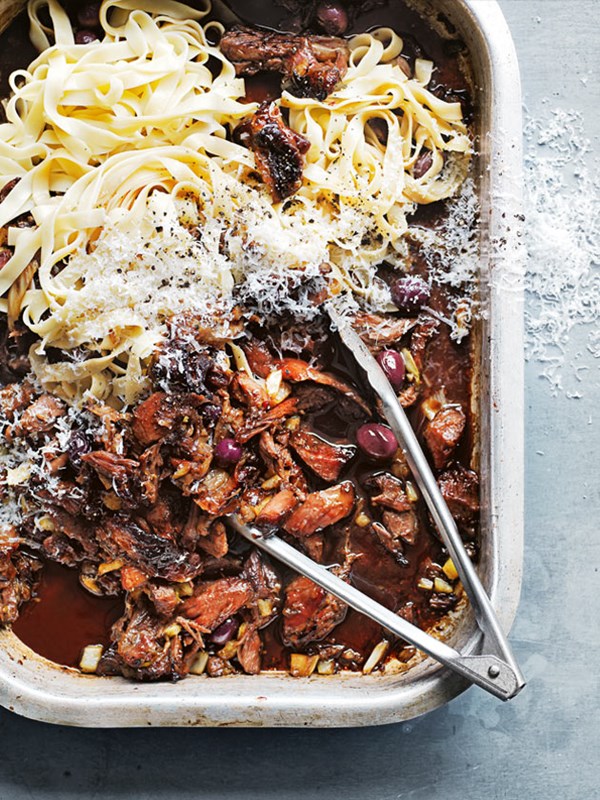 Slow-cooked maple lamb pasta with fennel and olives
