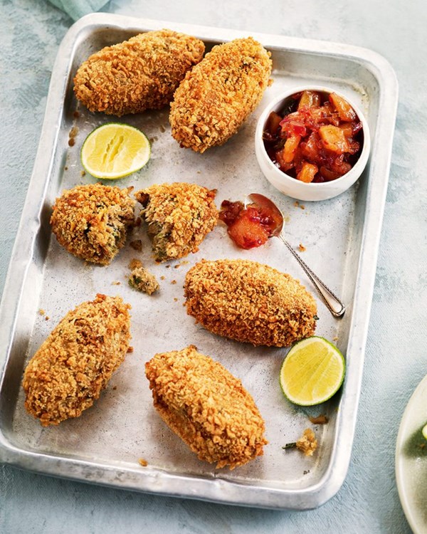 Slow-cooked pork belly fritters with caramelised pineapple and curry leaf chutney