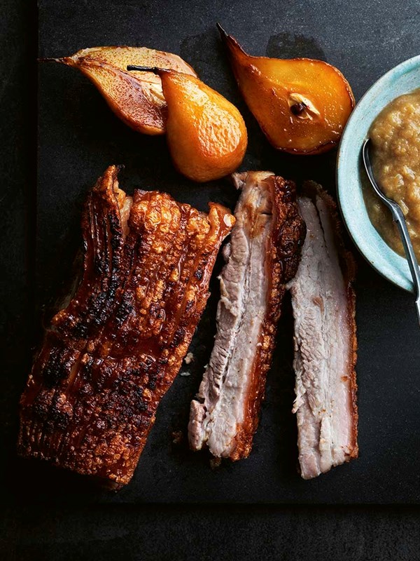 Slow-cooked pork belly with burnt pear and nutmeg