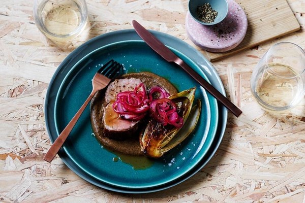 Slow-cooked pork neck, mead, caramelised witlof