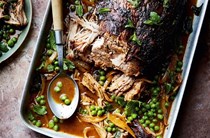 Slow-cooked pork shoulder with peas & mint