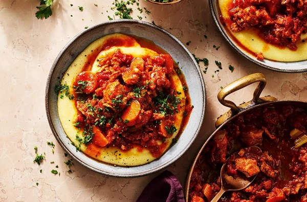 Slow-cooked pork stew with polenta & gremolata 