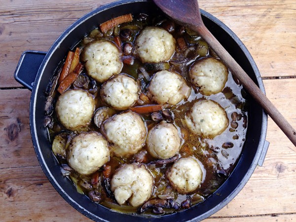 Slow-cooked portobello mushroom stew with herb dumplings