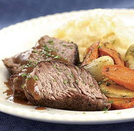 Slow-cooked pot roast with mustard and horseradish gravy