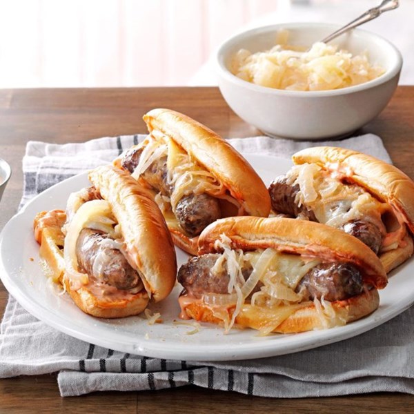 Slow-cooked reuben brats