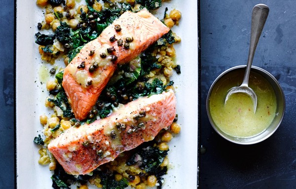 Slow-cooked salmon, chickpeas, and greens