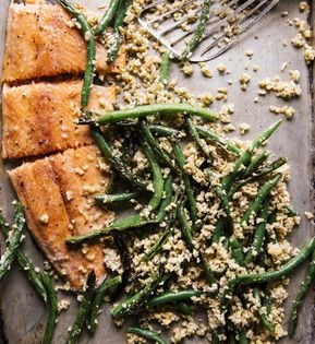 Slow-cooked salmon w/freekeh + lemon tahini dressing