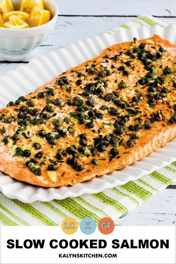 Slow cooked salmon with butter, garlic, capers, and lemon