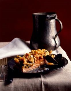 Slow-cooked salmon with mussels and coriander