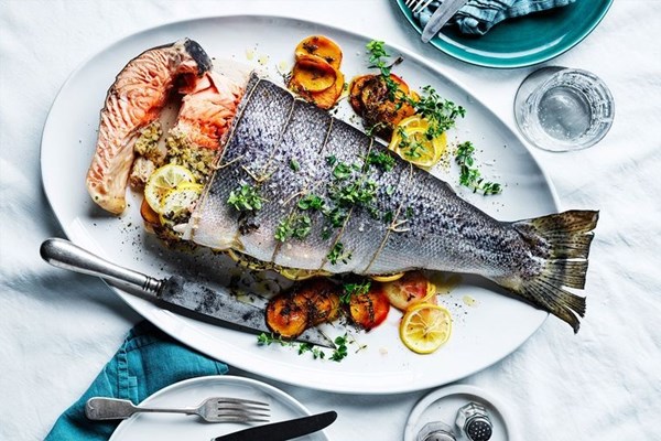 Slow-cooked salmon with peach and lemon thyme