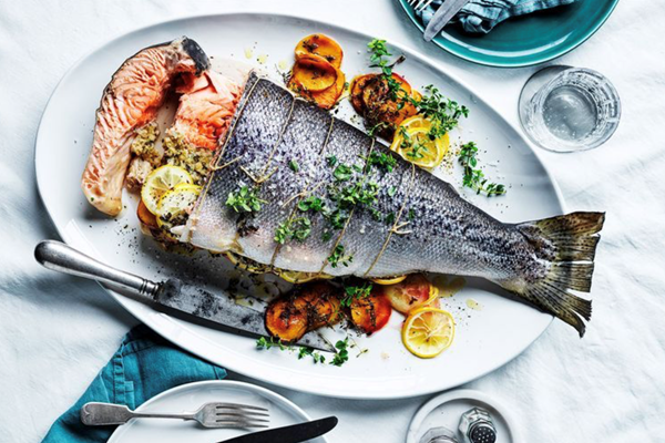 Slow-cooked salmon with peach and lemon thyme