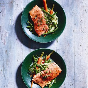 Slow-cooked salmon with spring vegetables