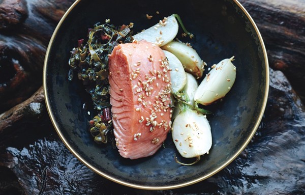 Slow-cooked salmon with turnips and Swiss chard