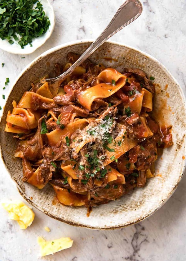 Slow cooked shredded beef ragu pasta